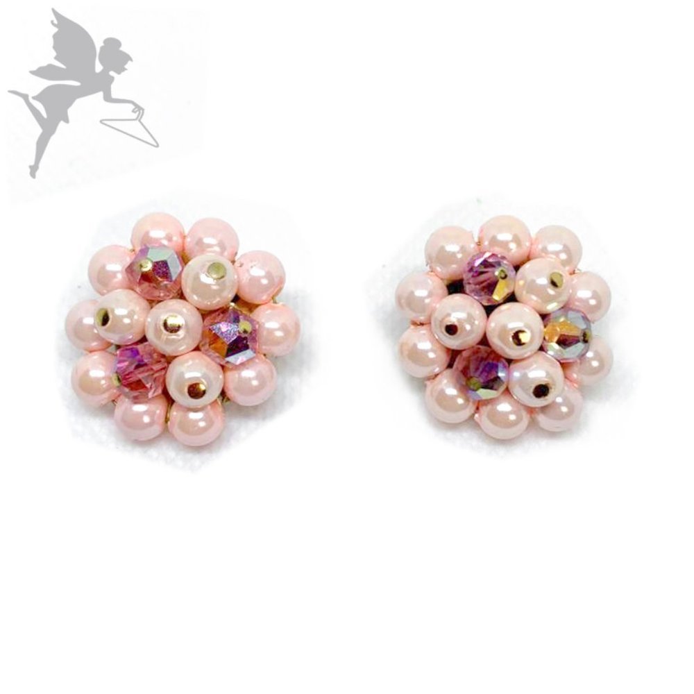 VINTAGE LAGUNA 1950s Signed AB and Faux Pearl Clip On Button Earrings